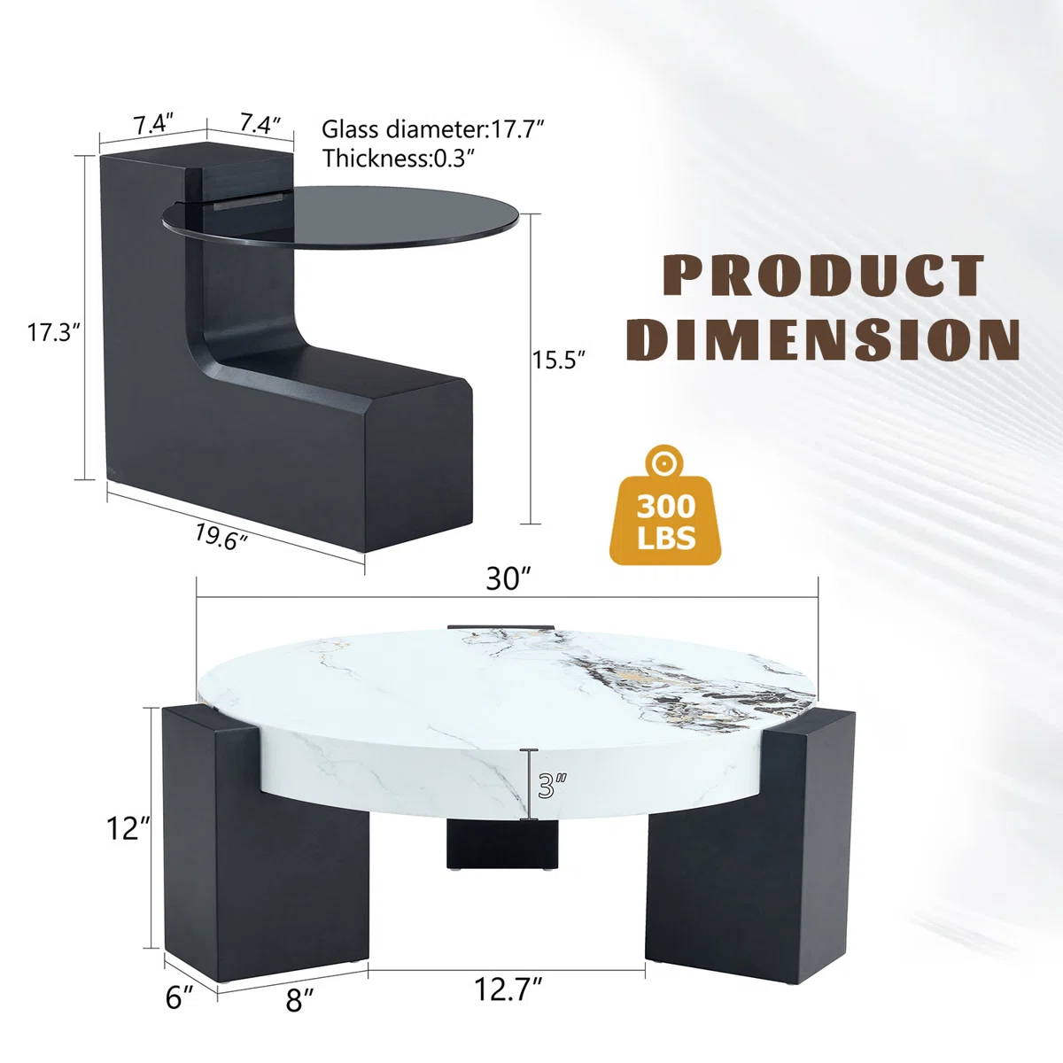 modern 2‑piece round nesting coffee table set with faux marble and glass tops