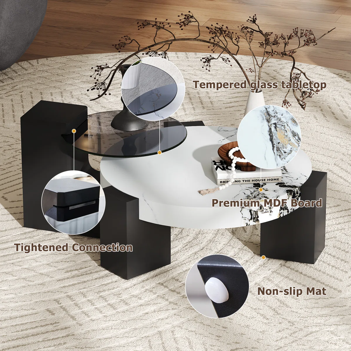 modern 2‑piece round nesting coffee table set with faux marble and glass tops