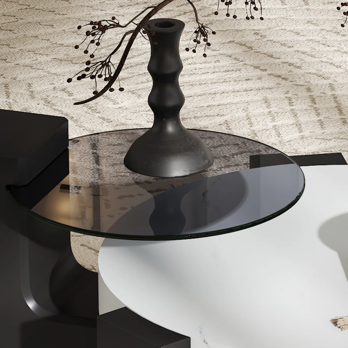 modern 2‑piece round nesting coffee table set with faux marble and glass tops