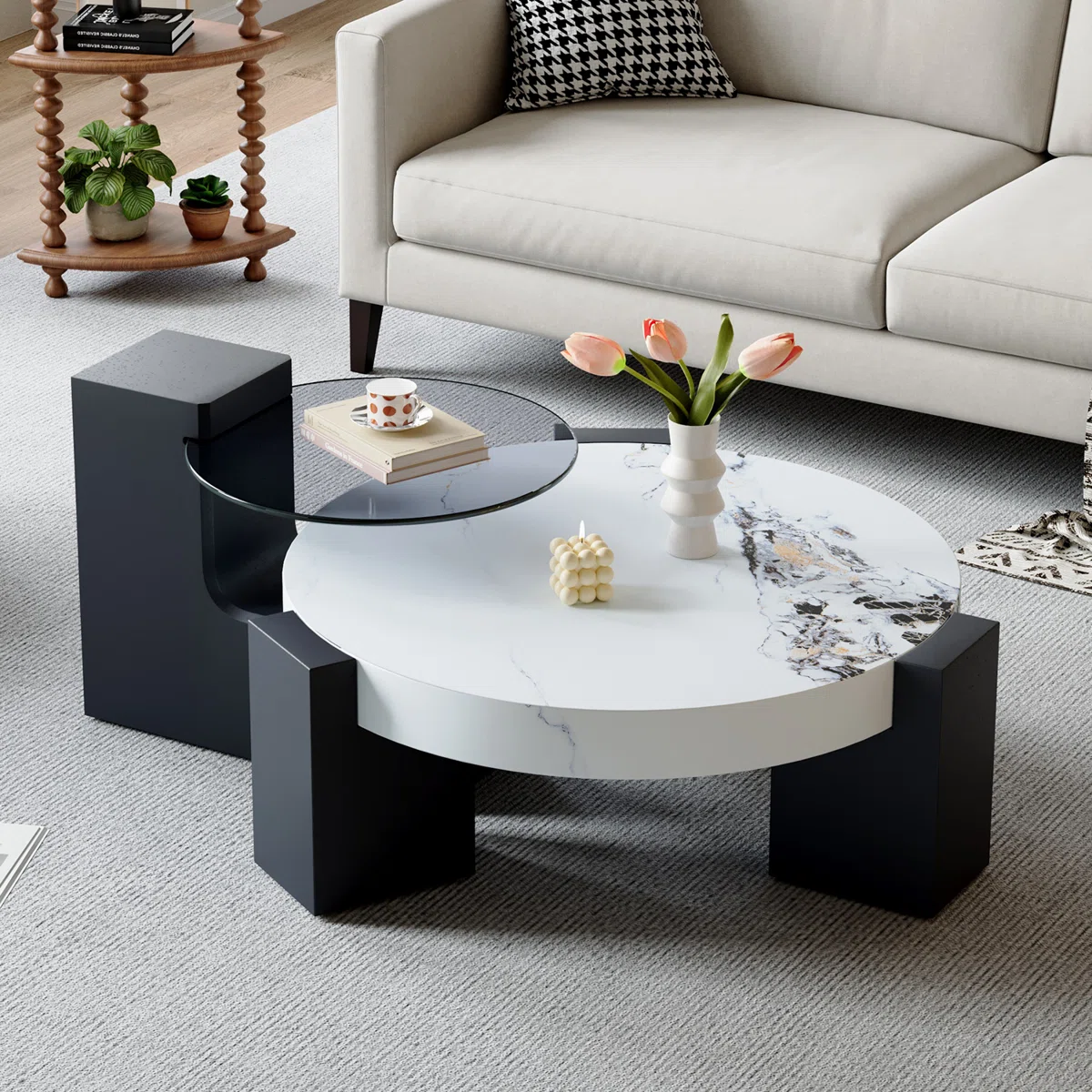 modern 2‑piece round nesting coffee table set with faux marble and glass tops