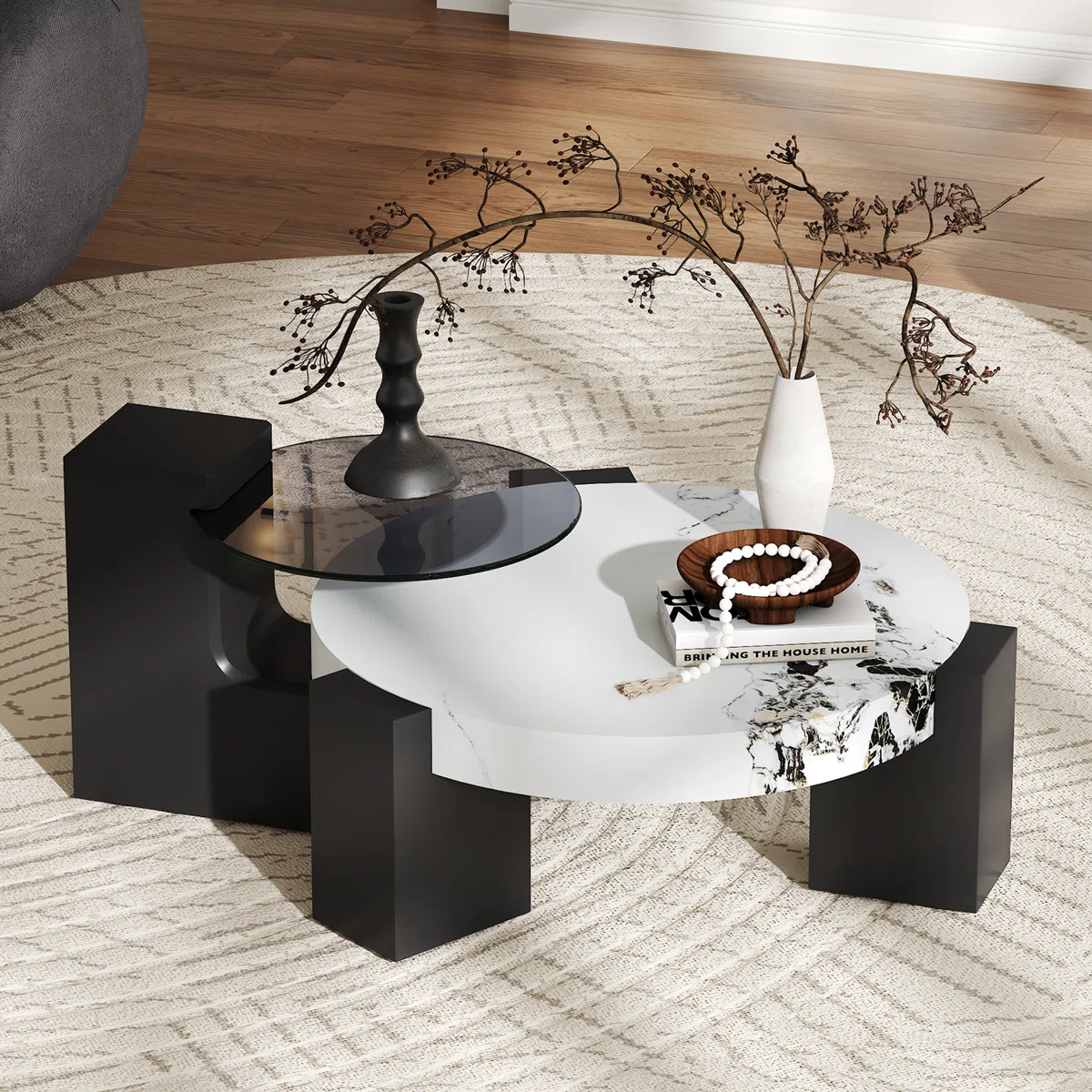 modern 2‑piece round nesting coffee table set with faux marble and glass tops
