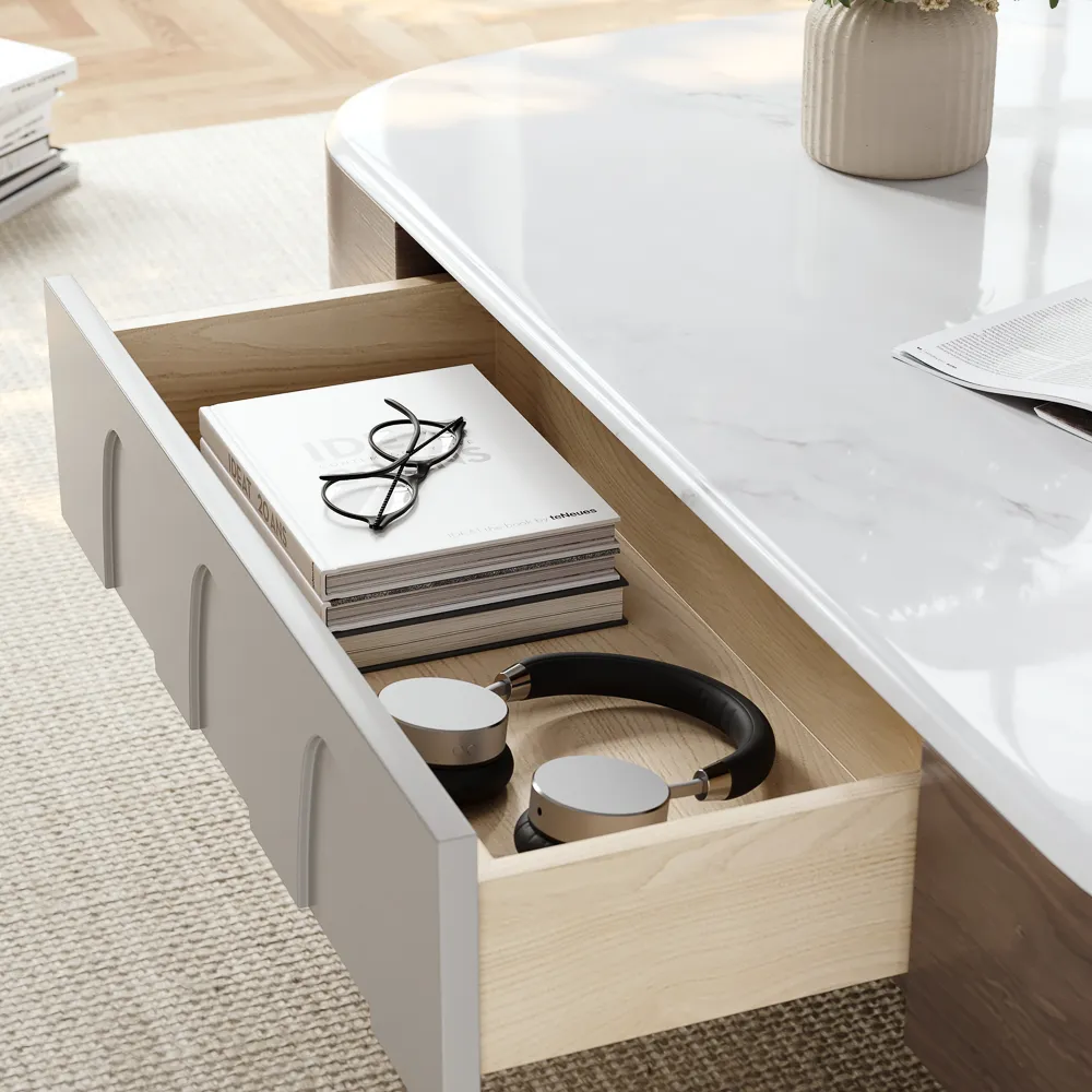 Minimalist modern coffee table in walnut and gray with two drawers, engineered wood construction, rectangular design, partial assembly required