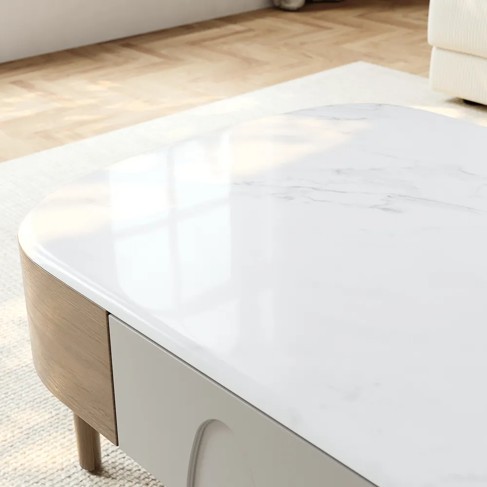 Minimalist modern coffee table in walnut and gray with two drawers, engineered wood construction, rectangular design, partial assembly required