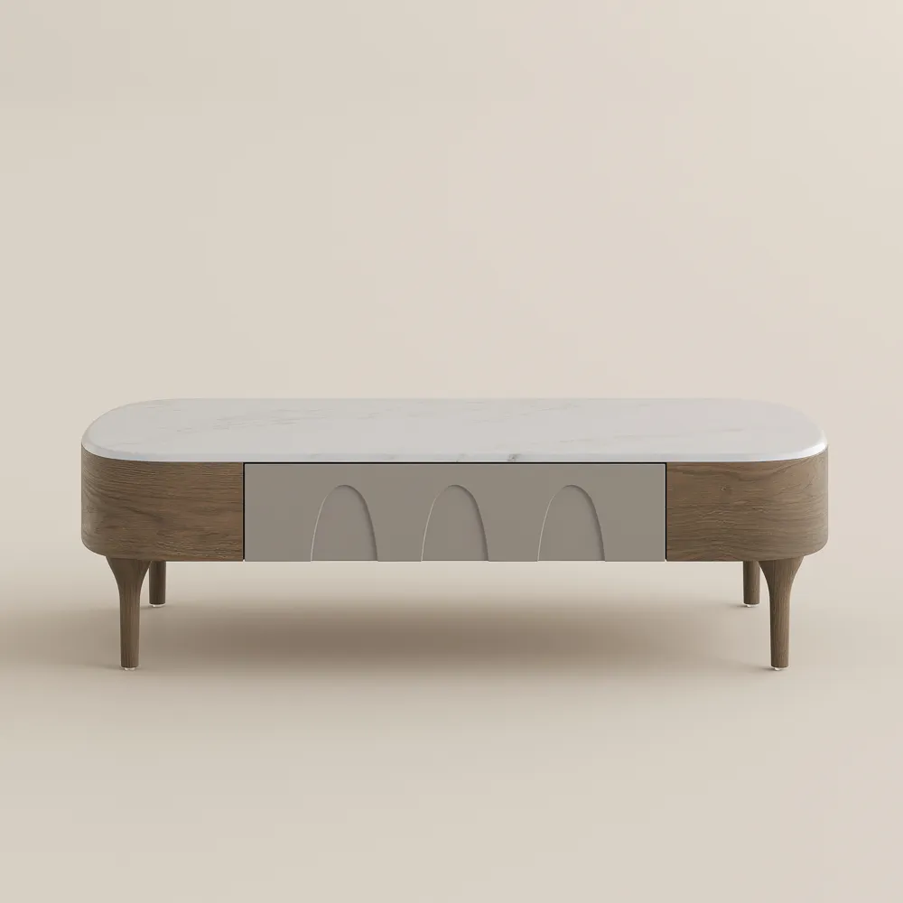 Minimalist modern coffee table in walnut and gray with two drawers, engineered wood construction, rectangular design, partial assembly required