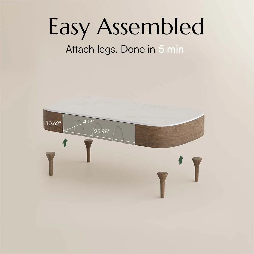 Minimalist modern coffee table in walnut and gray with two drawers, engineered wood construction, rectangular design, partial assembly required