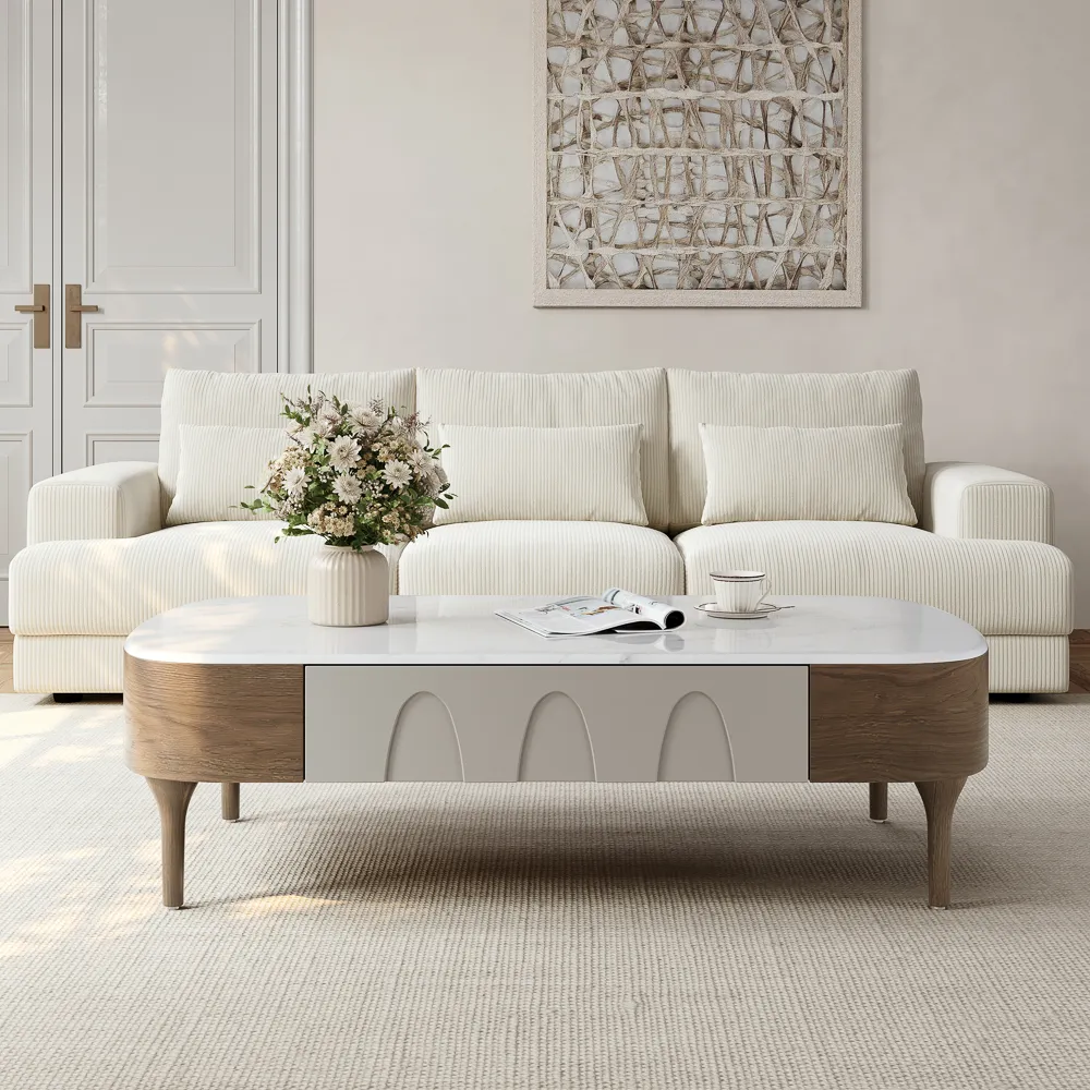 Minimalist modern coffee table in walnut and gray with two drawers, engineered wood construction, rectangular design, partial assembly required