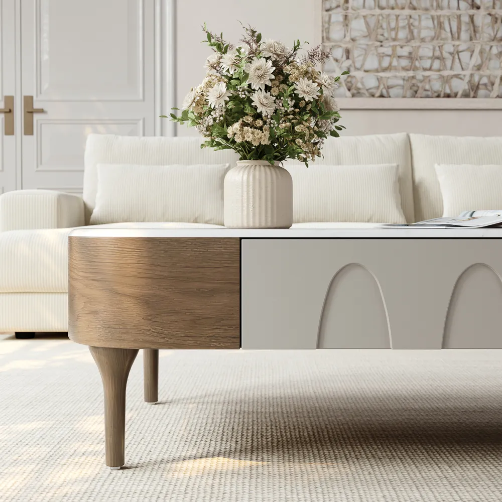 Minimalist modern coffee table in walnut and gray with two drawers, engineered wood construction, rectangular design, partial assembly required