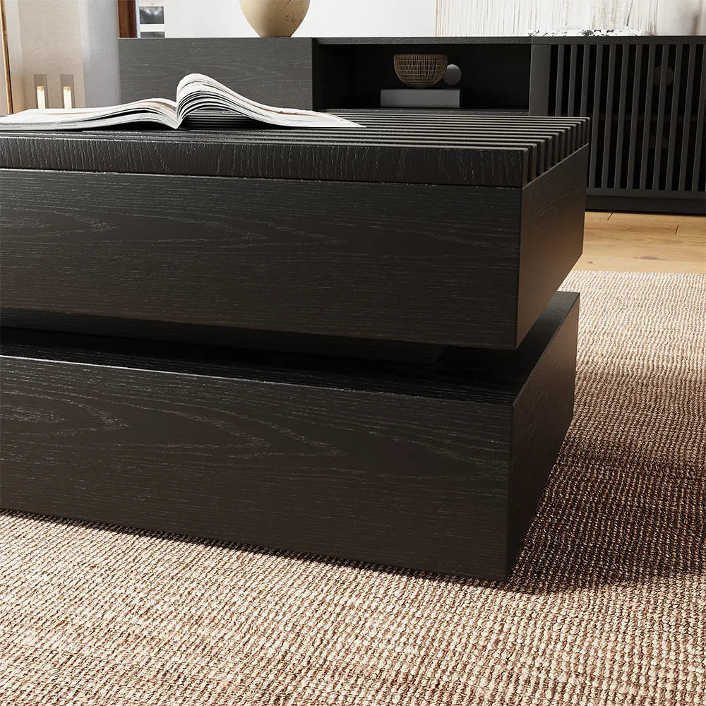 Black minimalist modular coffee table, MDF construction, fully assembled, modern living room furniture