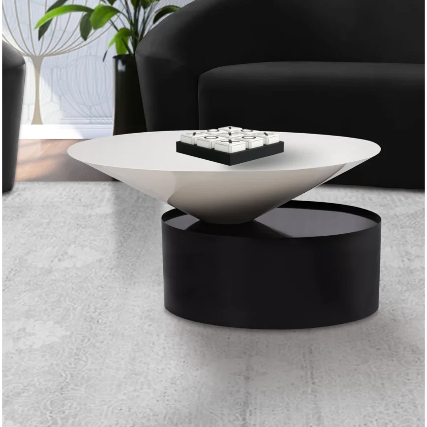 round white steel coffee table with matte black drum base