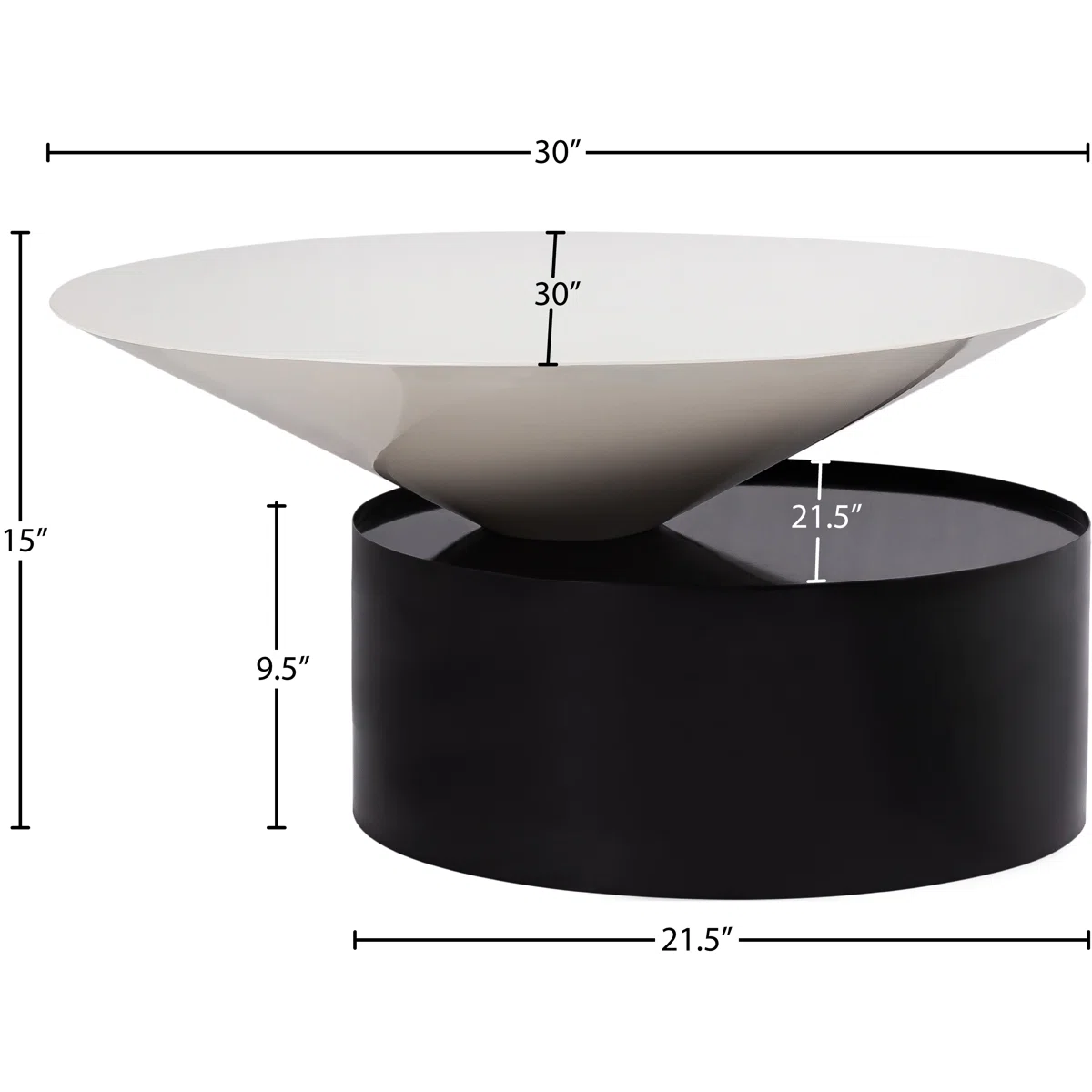 round white steel coffee table with matte black drum base