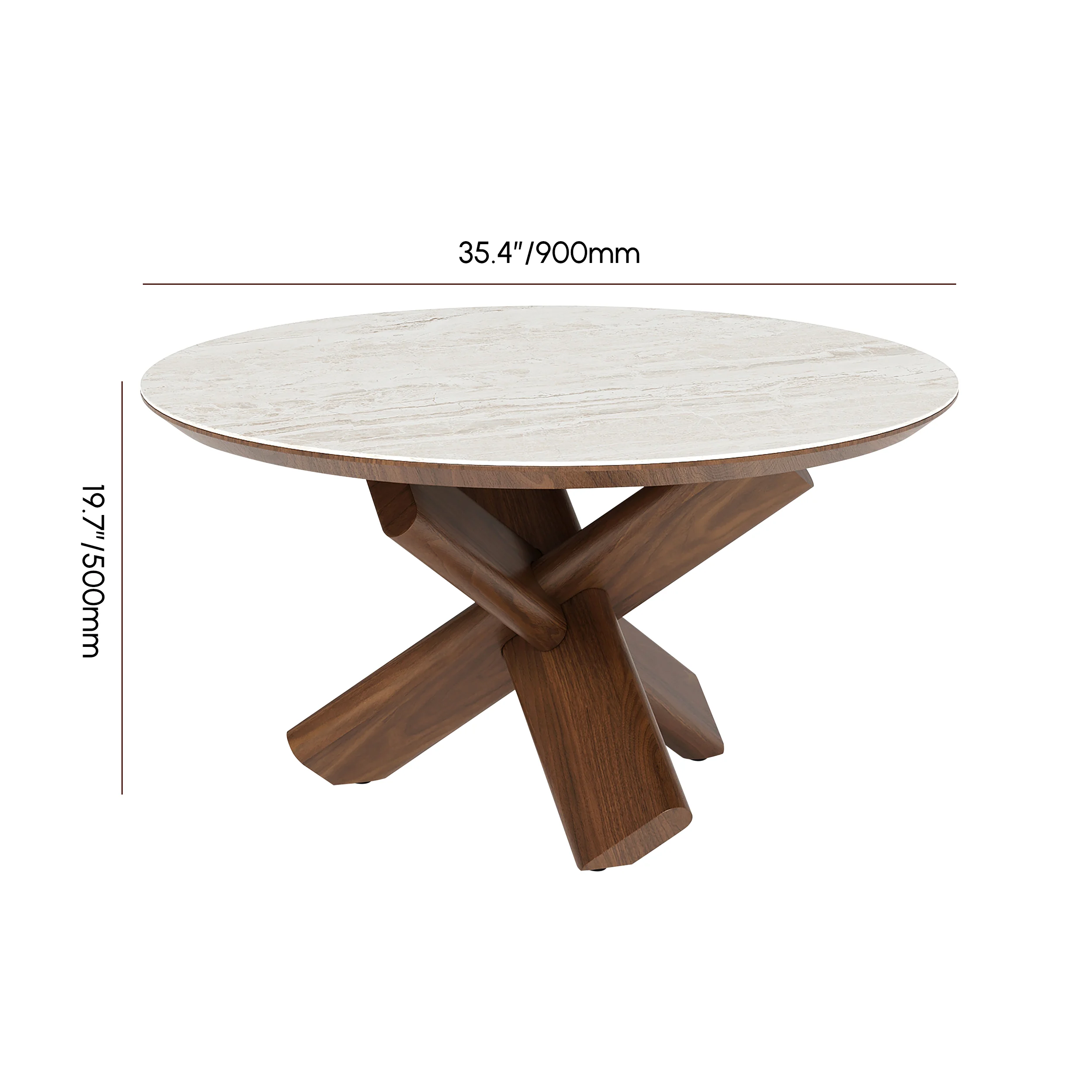 aurea round travertine coffee table with walnut trestle base