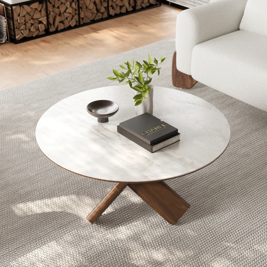 aurea round travertine coffee table with walnut trestle base