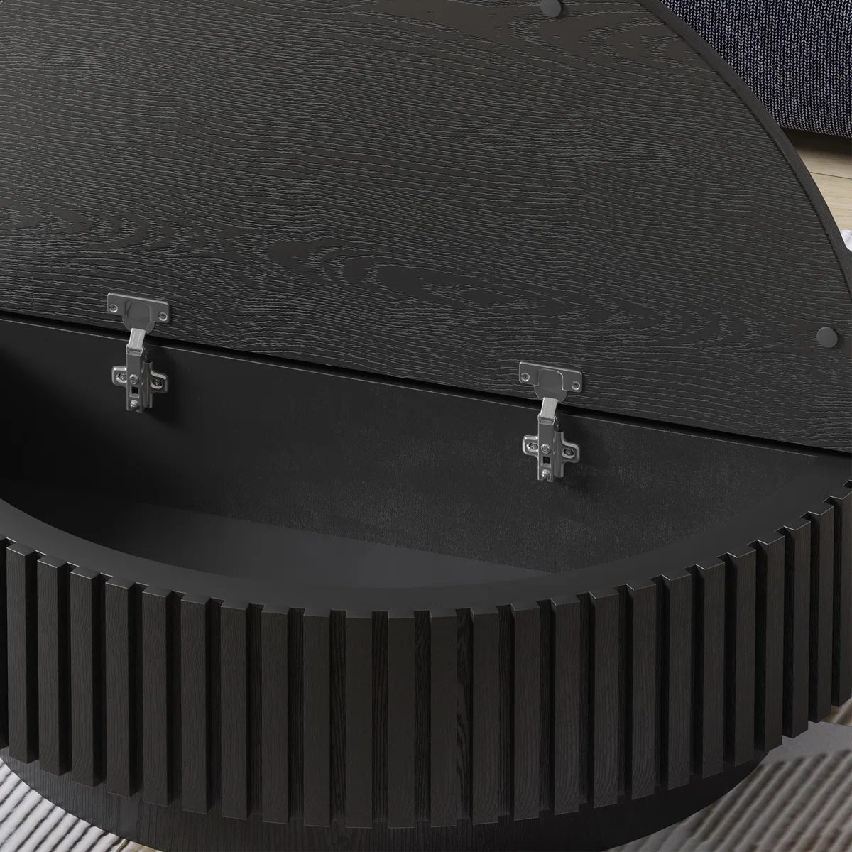 aurelia round coffee table with slatted design and storage compartments