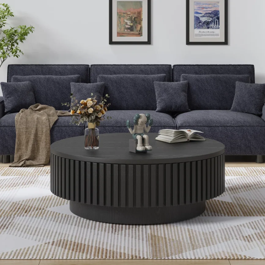 aurelia round coffee table with slatted design and storage compartments