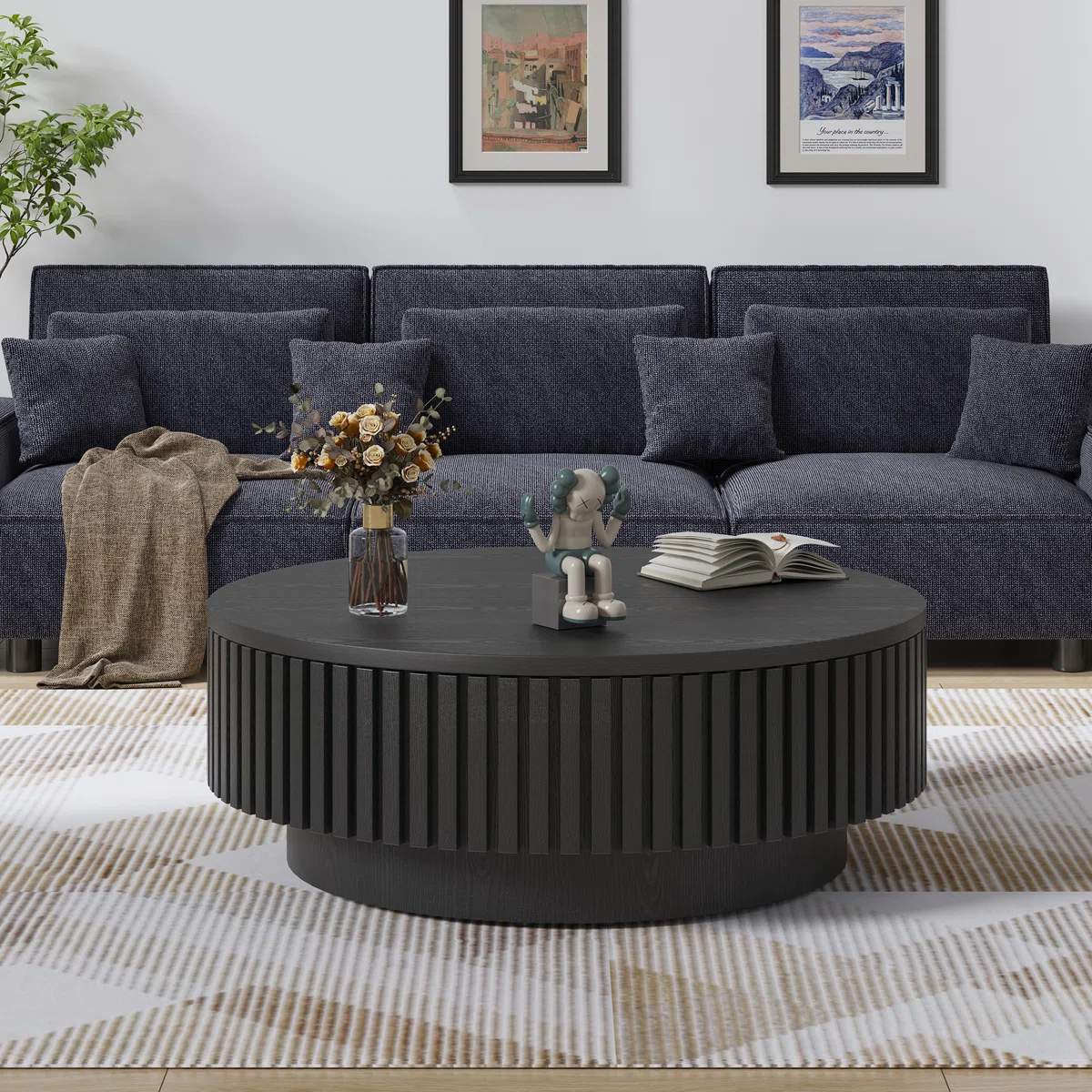 aurelia round coffee table with slatted design and storage compartments