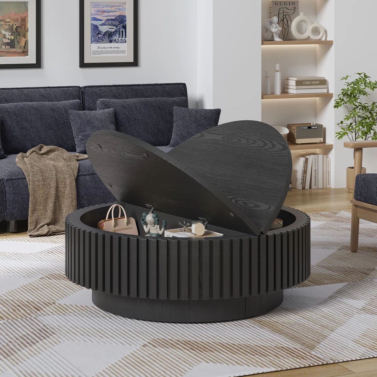 aurelia round coffee table with slatted design and storage compartments