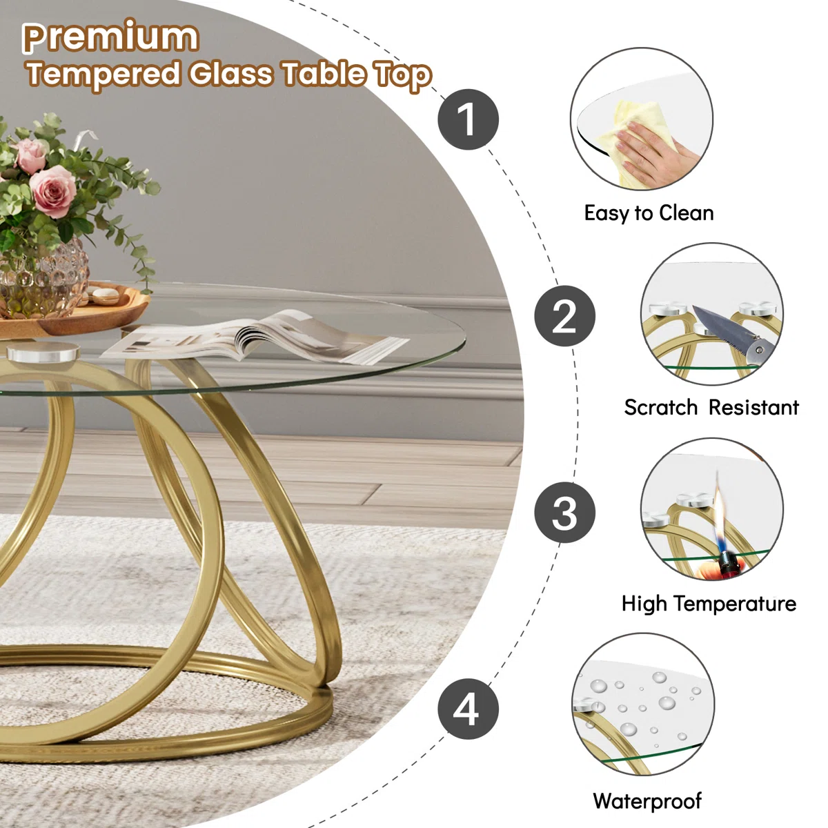 Round glass coffee table with clear tempered glass top and stainless steel pedestal base featuring three interlocking rings