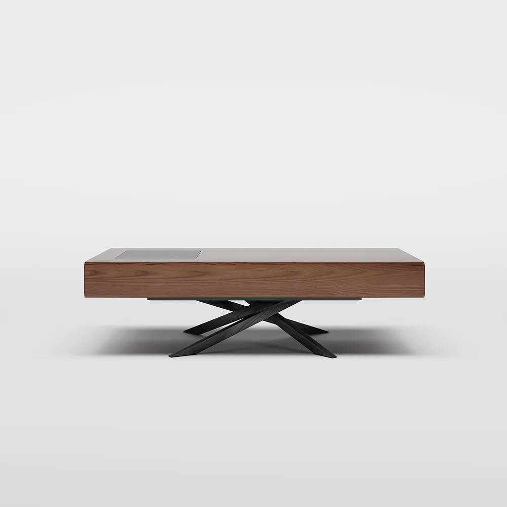 Mid-century modern dark wood coffee table with two drawers, solid wood veneer, and rectangular design