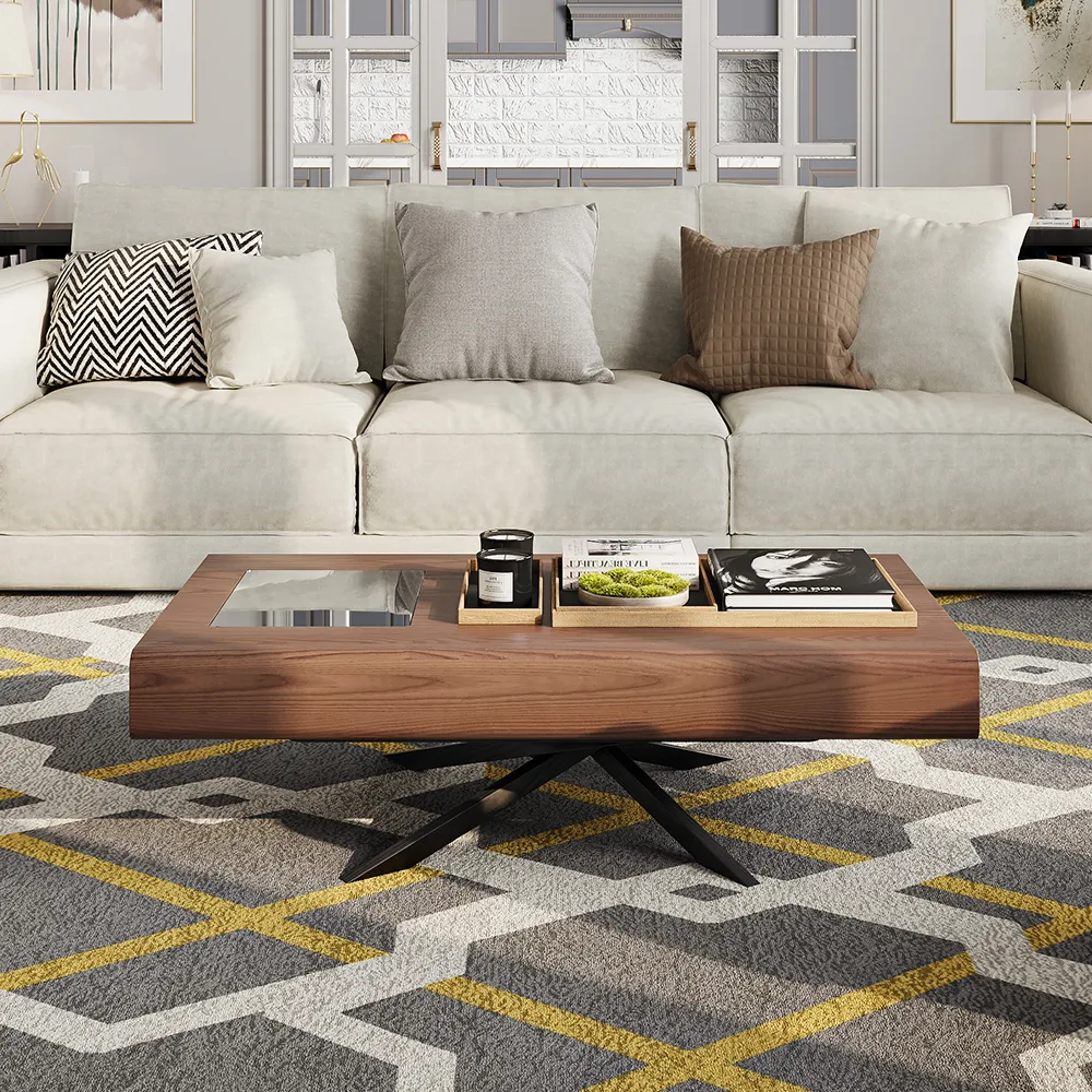 Mid-century modern dark wood coffee table with two drawers, solid wood veneer, and rectangular design