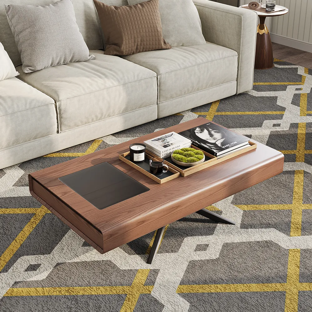 Mid-century modern dark wood coffee table with two drawers, solid wood veneer, and rectangular design