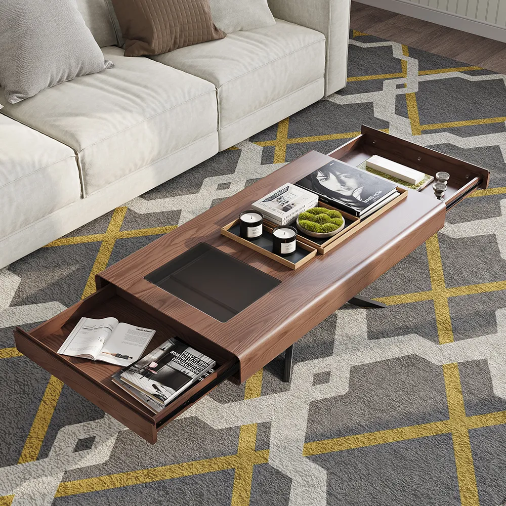 Mid-century modern dark wood coffee table with two drawers, solid wood veneer, and rectangular design