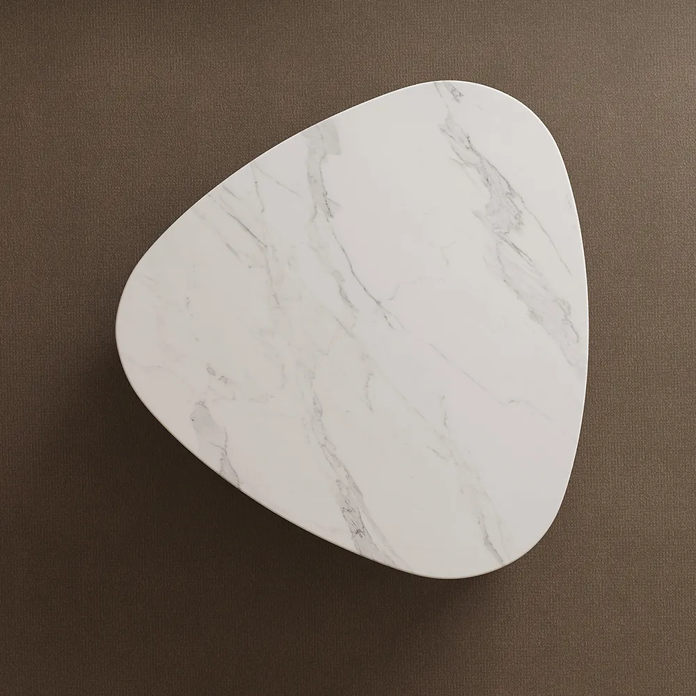 Walnut sintered stone coffee table with storage drawer, crystallized stone top, carbon steel legs, modern living room furniture