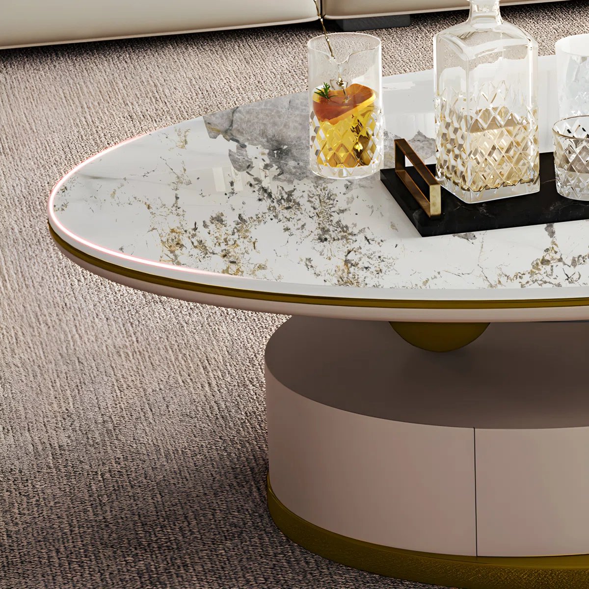 aurora oval sintered stone coffee table with gold pedestal base