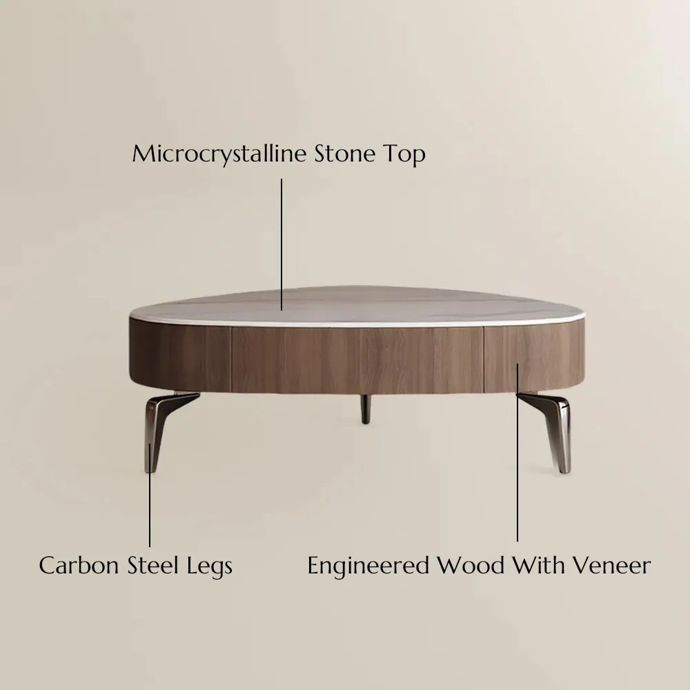 Walnut sintered stone coffee table with storage drawer, crystallized stone top, carbon steel legs, modern living room furniture