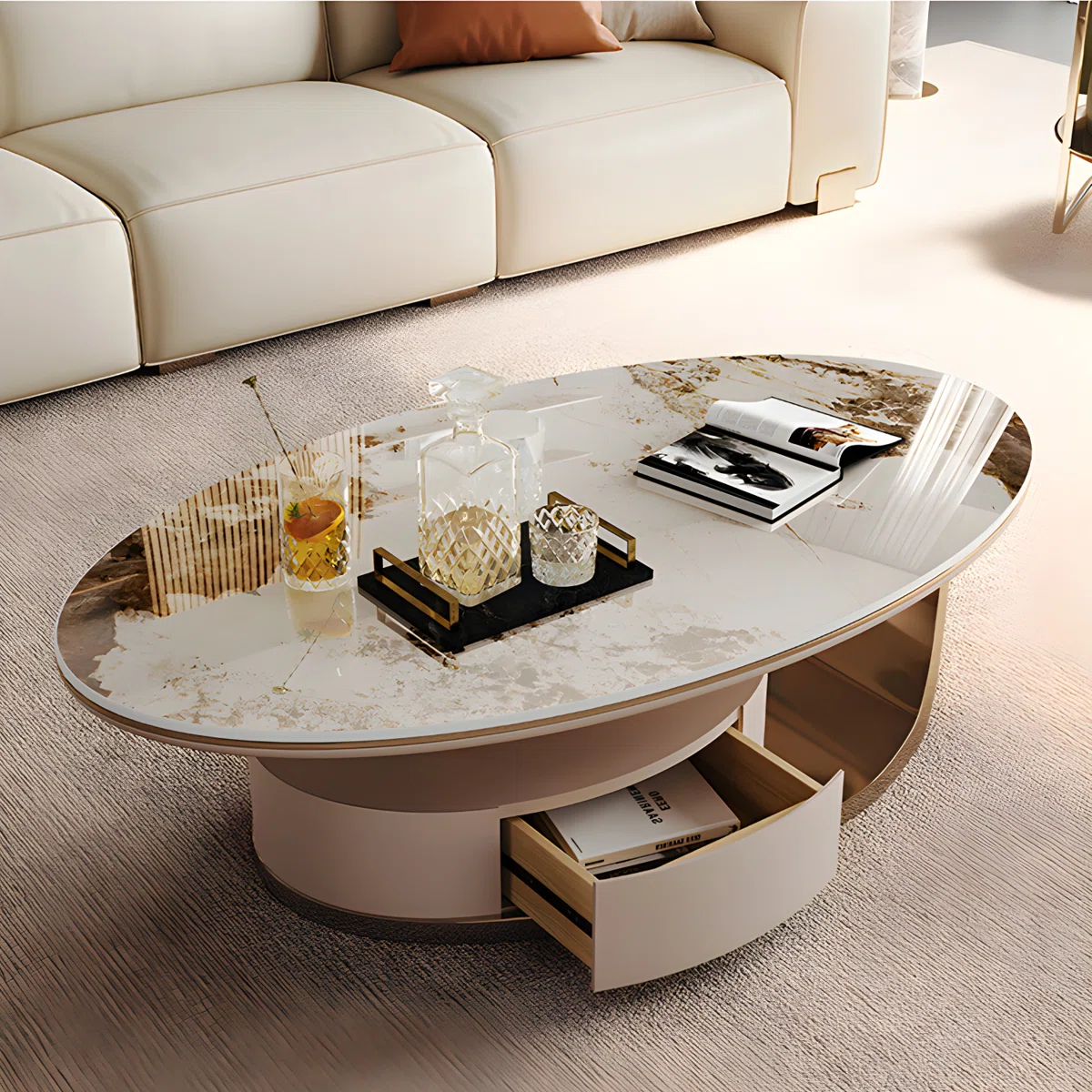 aurora oval sintered stone coffee table with gold pedestal base