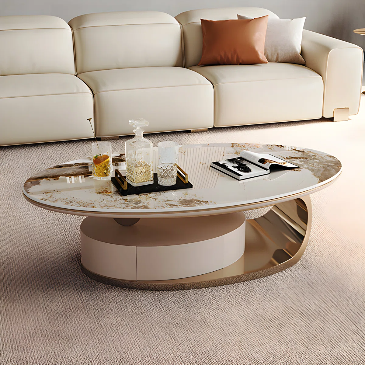 aurora oval sintered stone coffee table with gold pedestal base