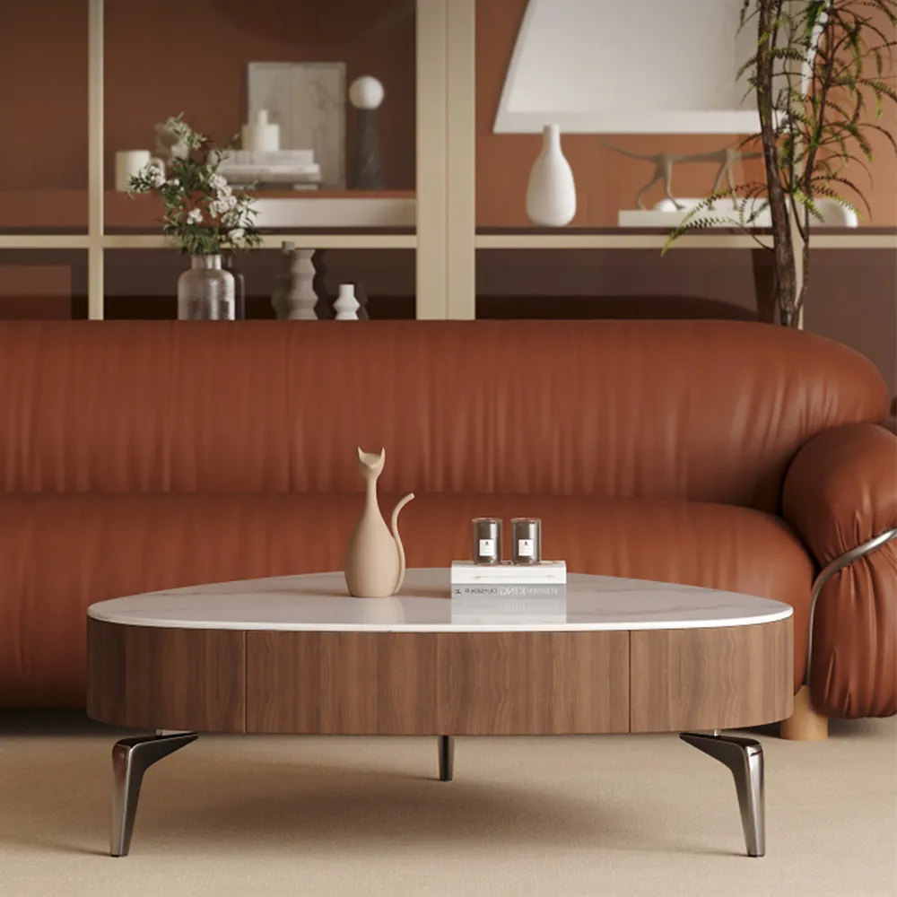 Walnut sintered stone coffee table with storage drawer, crystallized stone top, carbon steel legs, modern living room furniture
