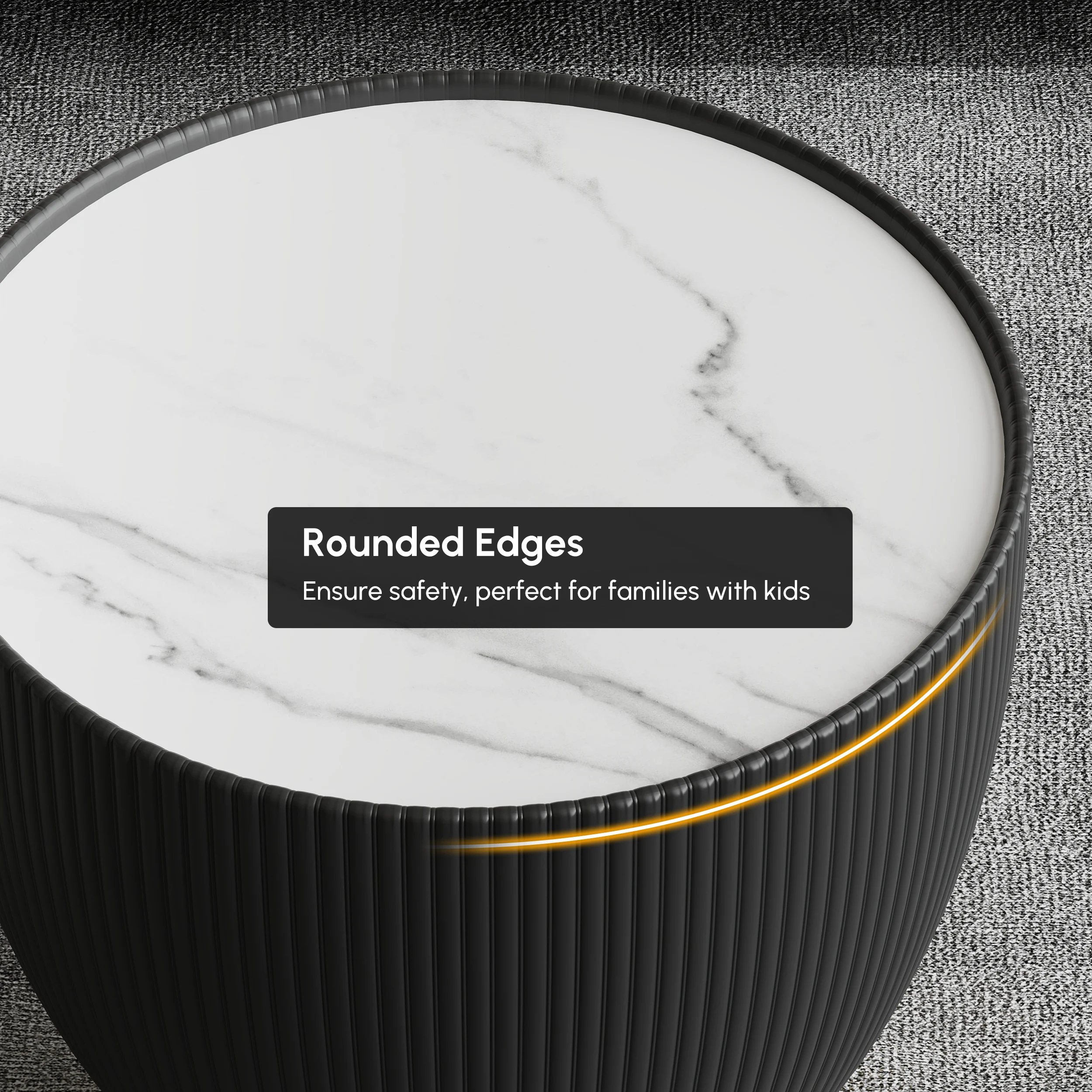 Modern round drum-shaped coffee table with white sintered stone top, gold stainless steel base, and PU leather upholstery.