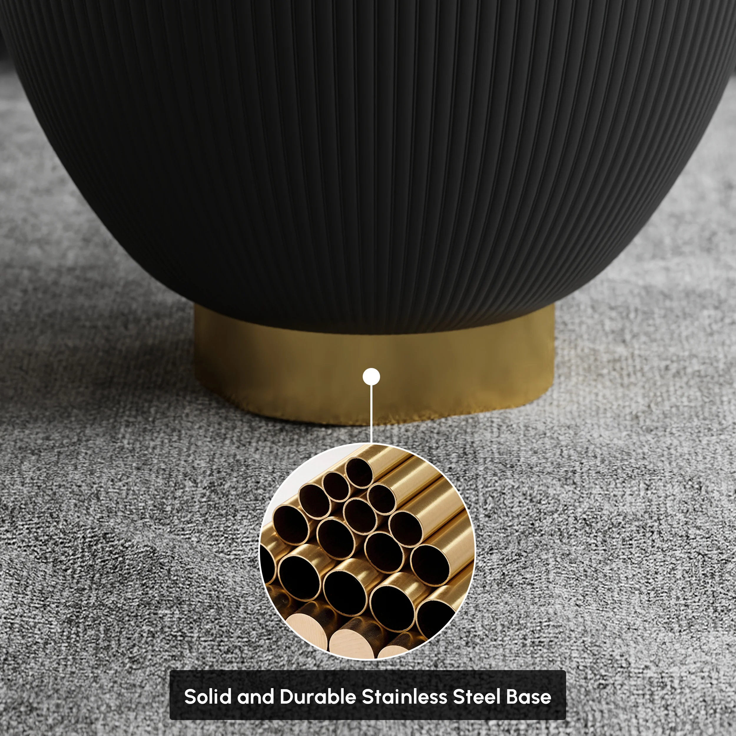 Modern round drum-shaped coffee table with white sintered stone top, gold stainless steel base, and PU leather upholstery.