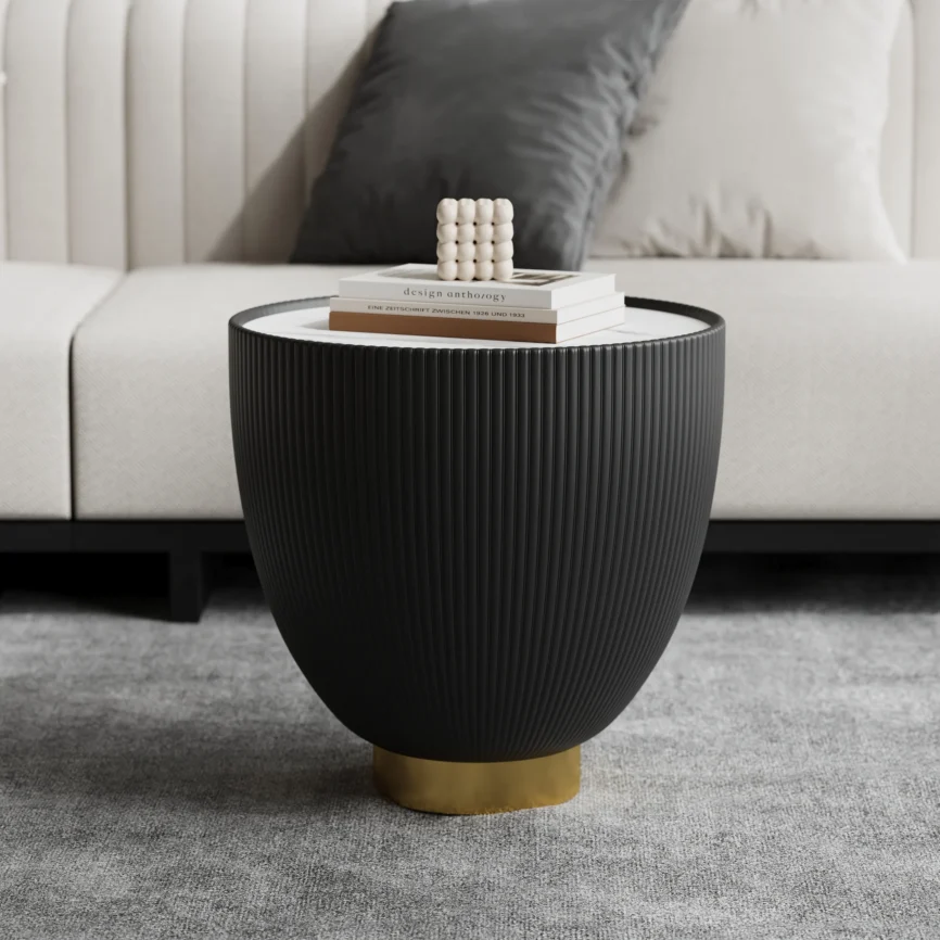 Modern round drum-shaped coffee table with white sintered stone top, gold stainless steel base, and PU leather upholstery.
