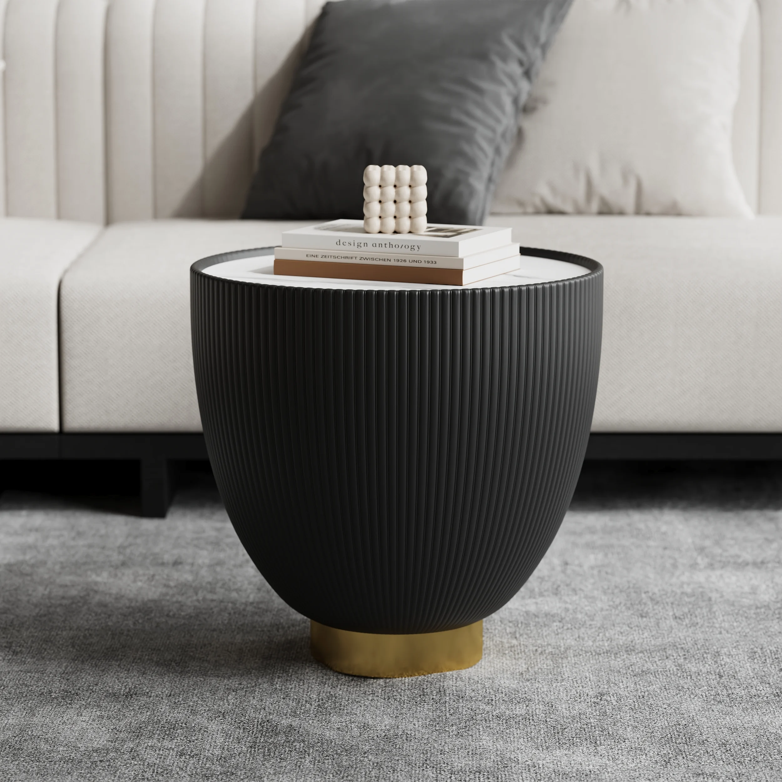 Modern round drum-shaped coffee table with white sintered stone top, gold stainless steel base, and PU leather upholstery.