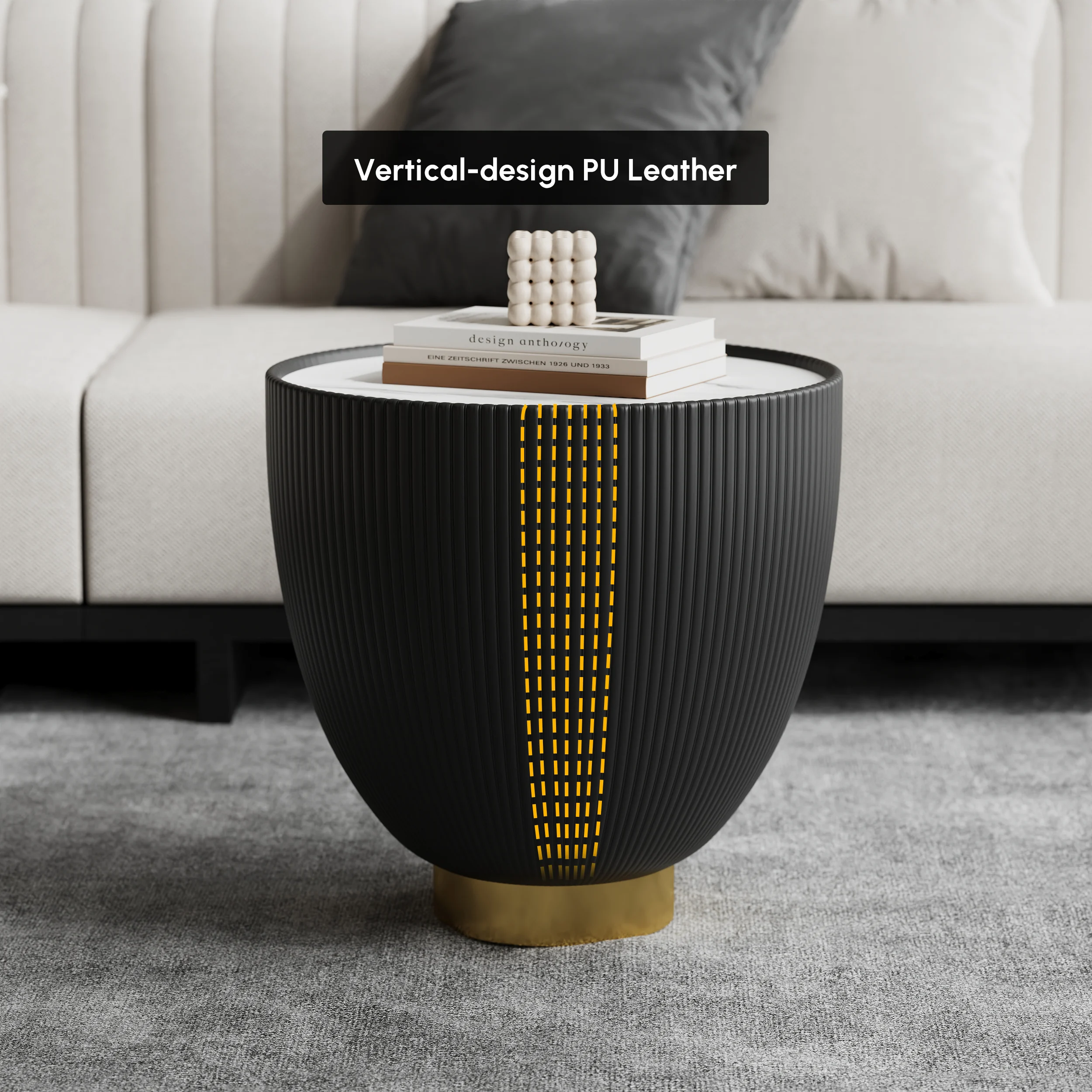 Modern round drum-shaped coffee table with white sintered stone top, gold stainless steel base, and PU leather upholstery.