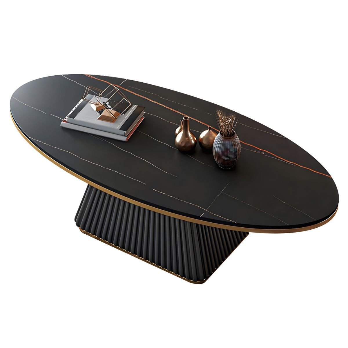 Aurora Glam Oval Pedestal Cocktail Table with stone top and faux leather base, available in black, white, and beige finishes