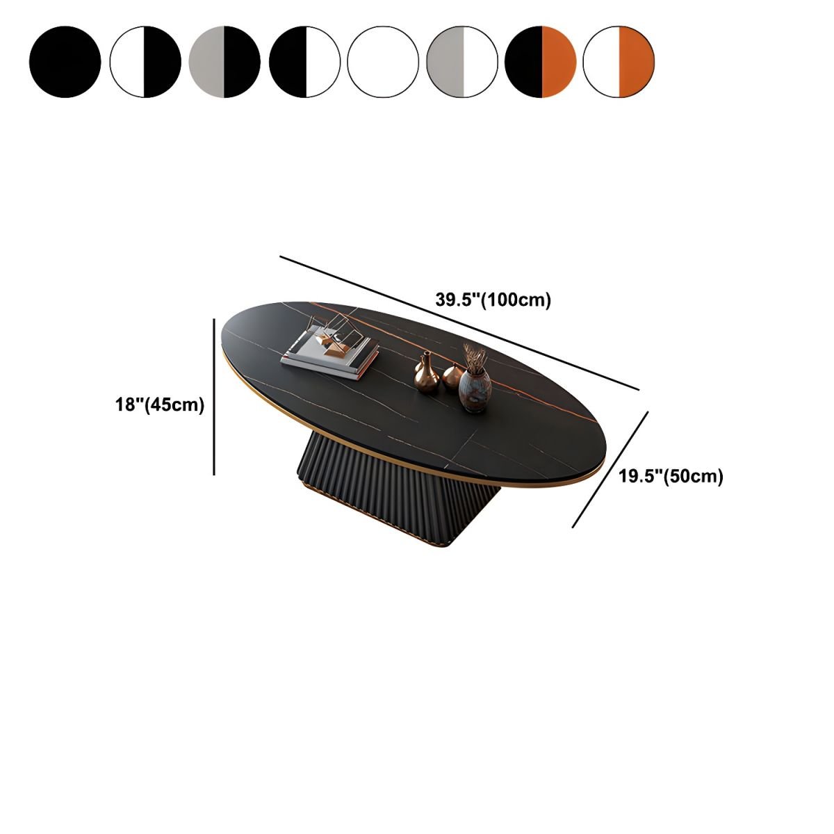 Aurora Glam Oval Pedestal Cocktail Table with stone top and faux leather base, available in black, white, and beige finishes