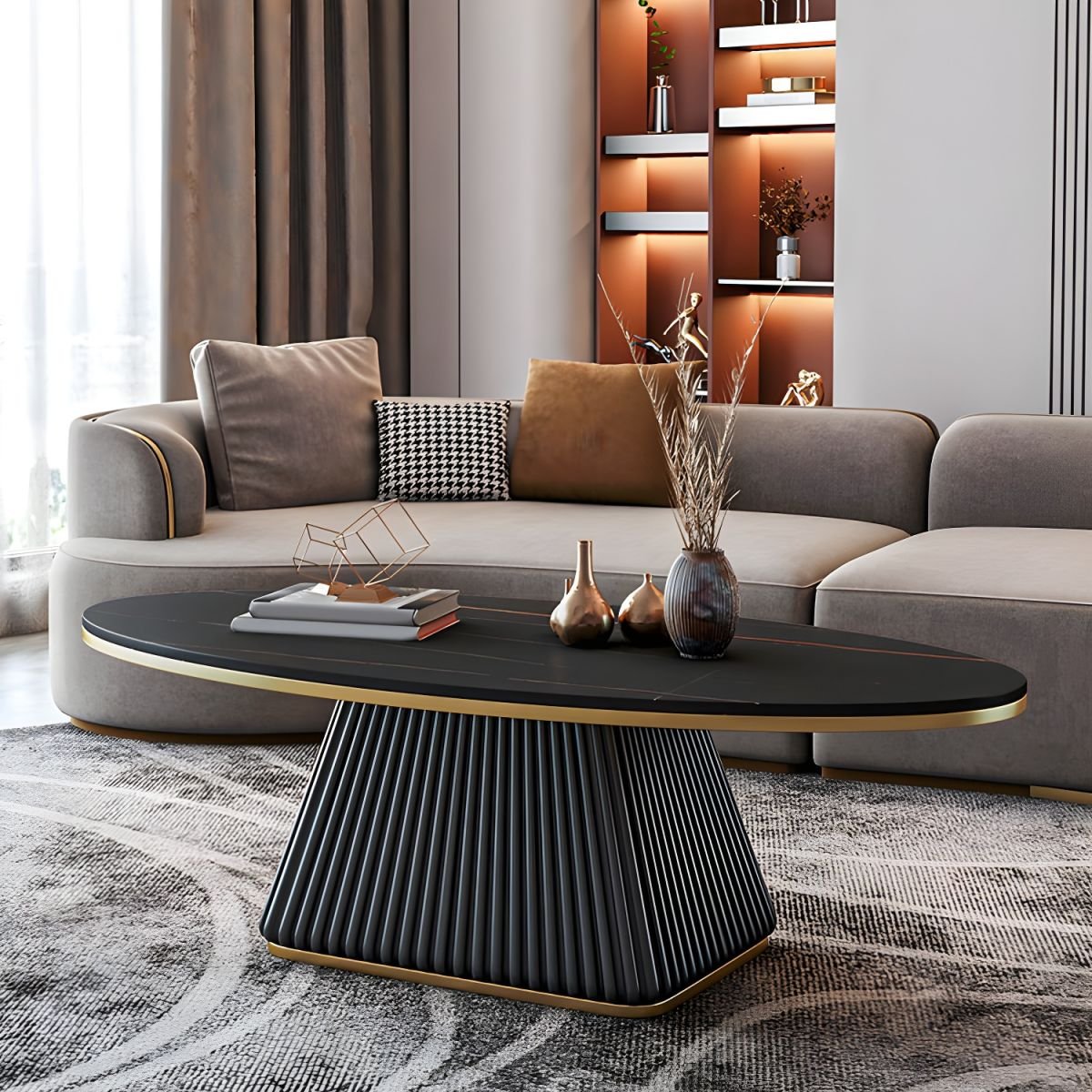 Aurora Glam Oval Pedestal Cocktail Table with stone top and faux leather base, available in black, white, and beige finishes