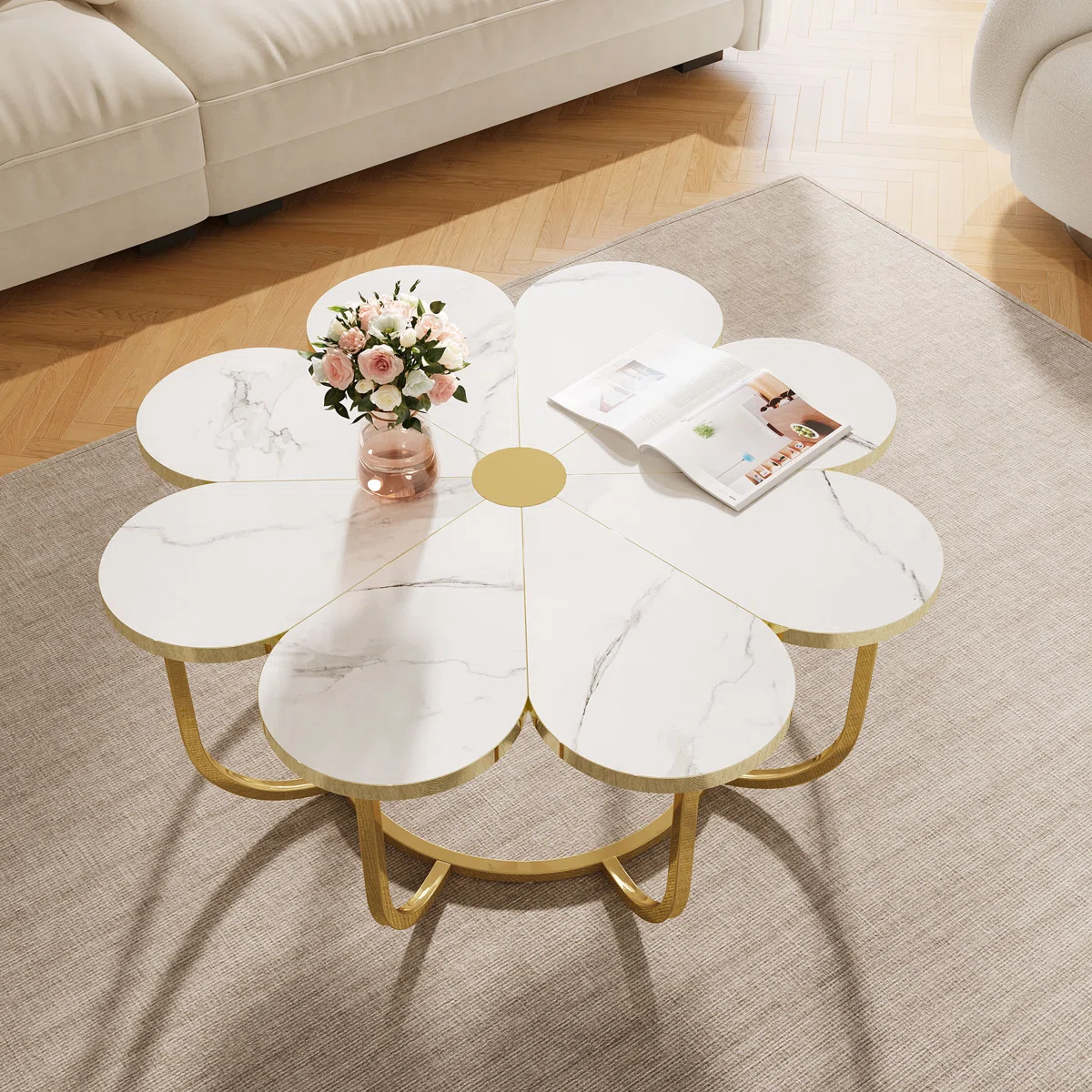 flower‑shaped coffee table with marble‑look top and gold frame