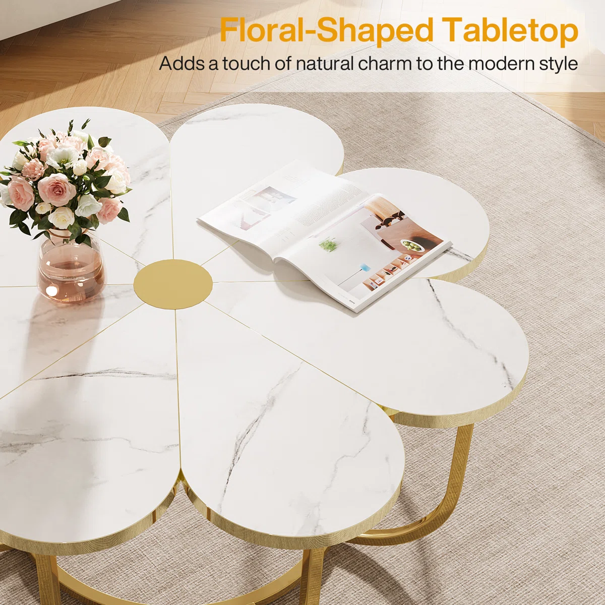 flower‑shaped coffee table with marble‑look top and gold frame
