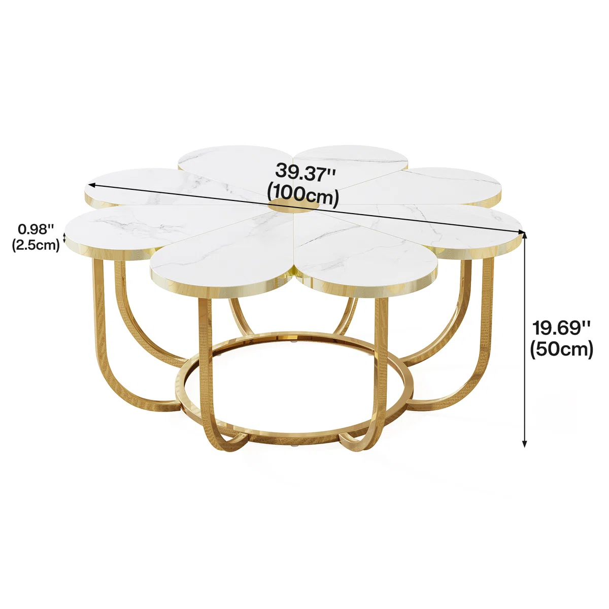 flower‑shaped coffee table with marble‑look top and gold frame
