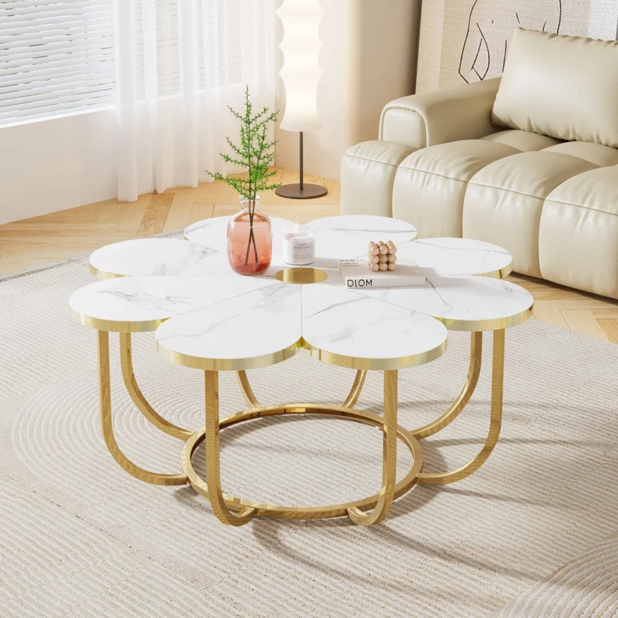 flower‑shaped coffee table with marble‑look top and gold frame