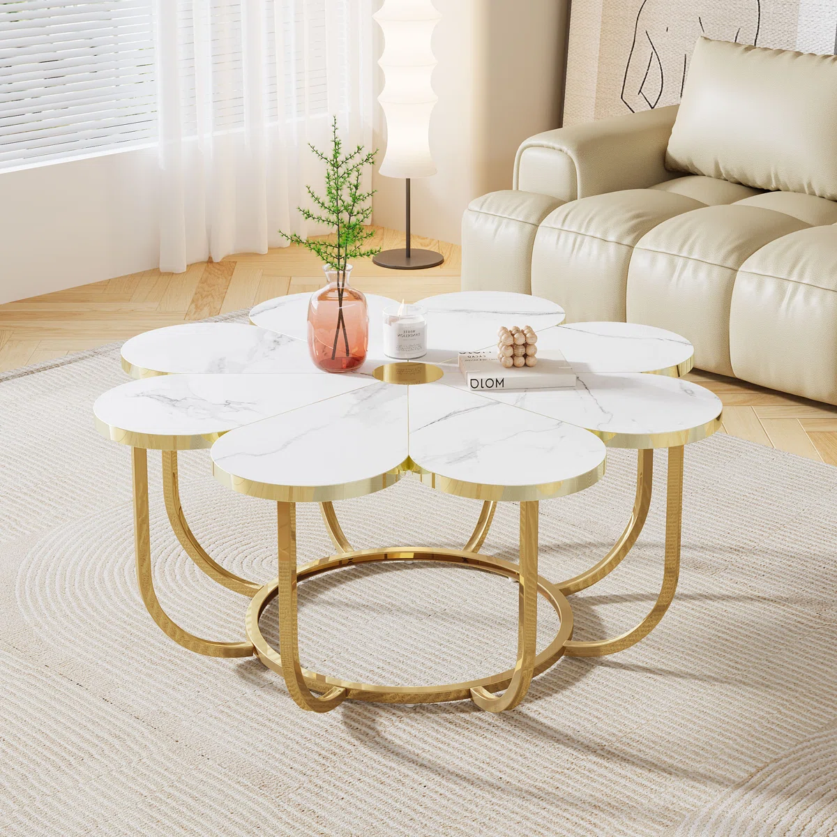 flower‑shaped coffee table with marble‑look top and gold frame