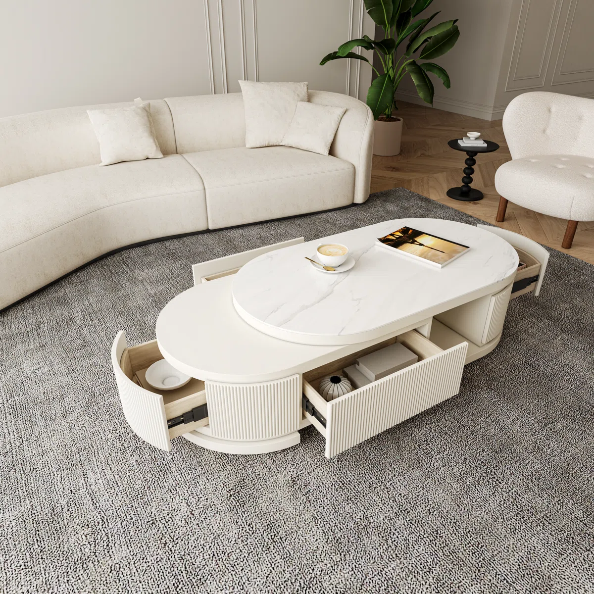 bilawal cream extendable oval coffee table with 4 drawers