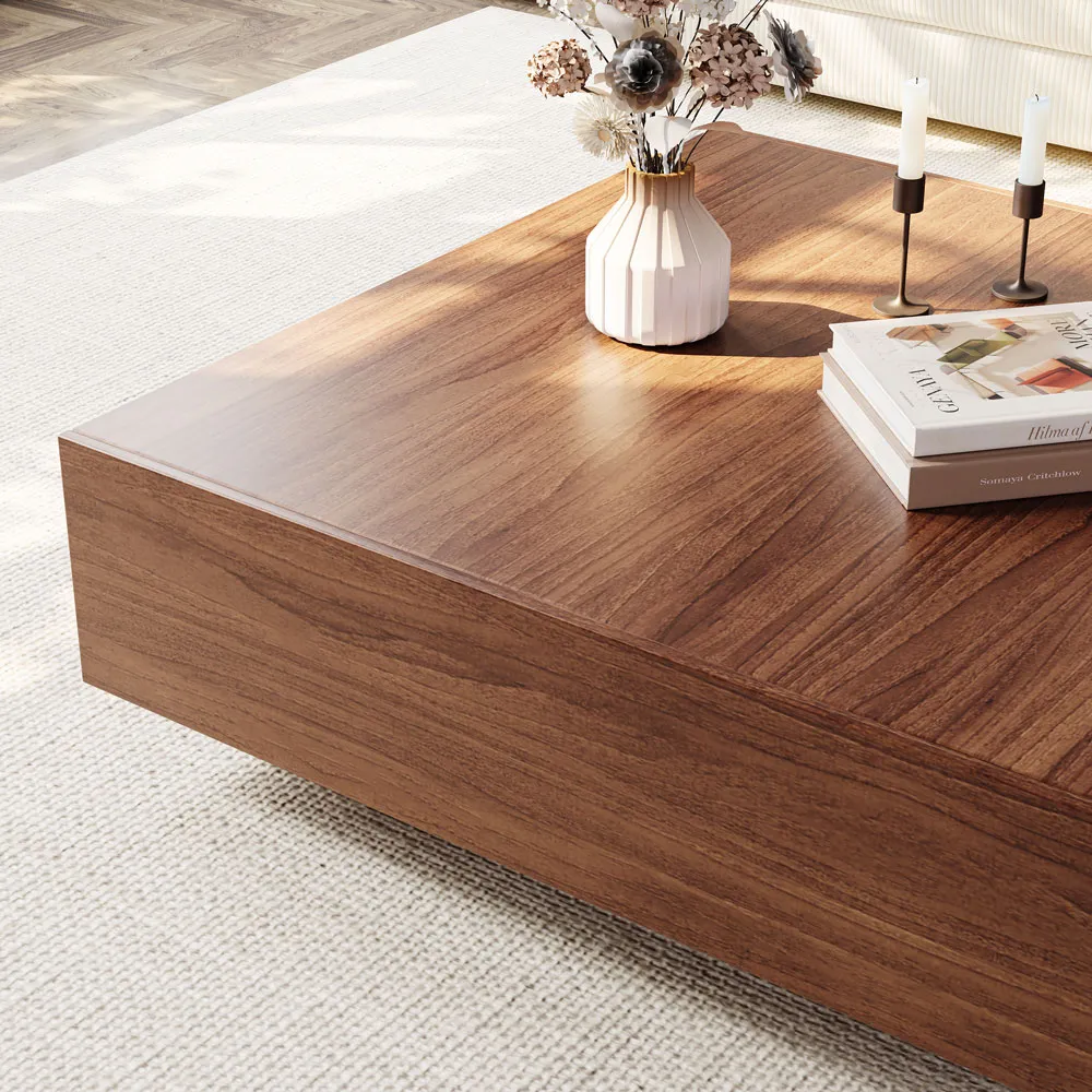 brown square wood coffee table with storage 90cm