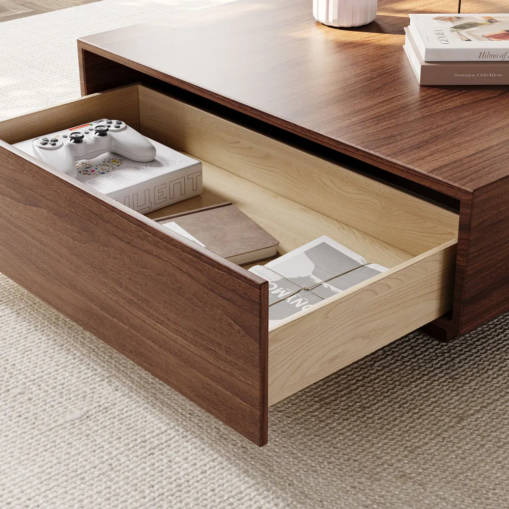 brown square wood coffee table with storage 90cm
