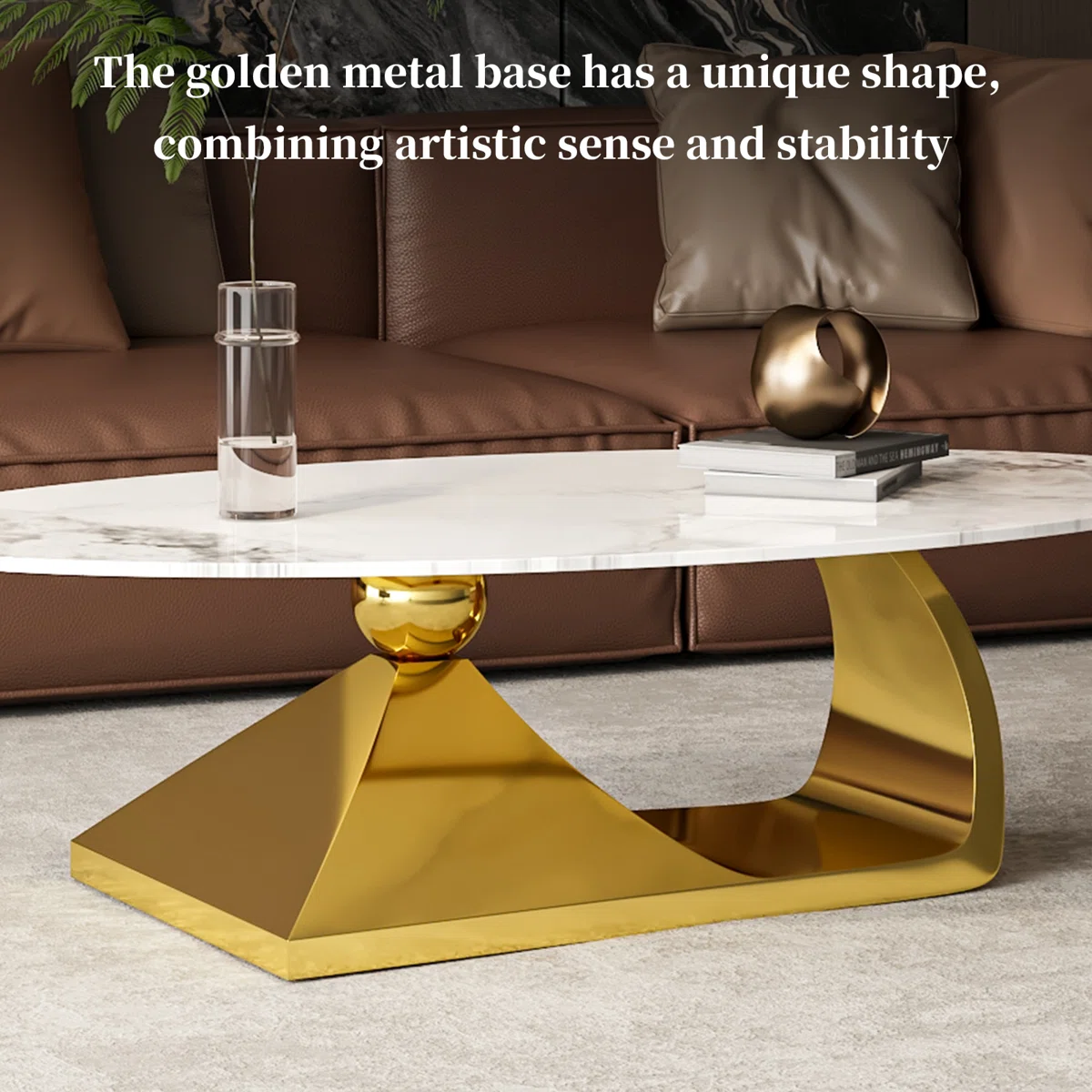 celeste oval coffee table with faux marble top and gold base