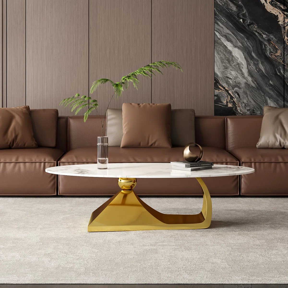 celeste oval coffee table with faux marble top and gold base