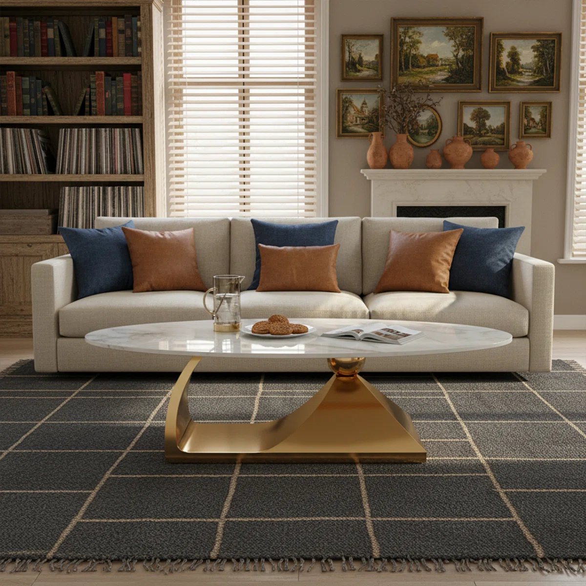 celeste oval coffee table with faux marble top and gold base